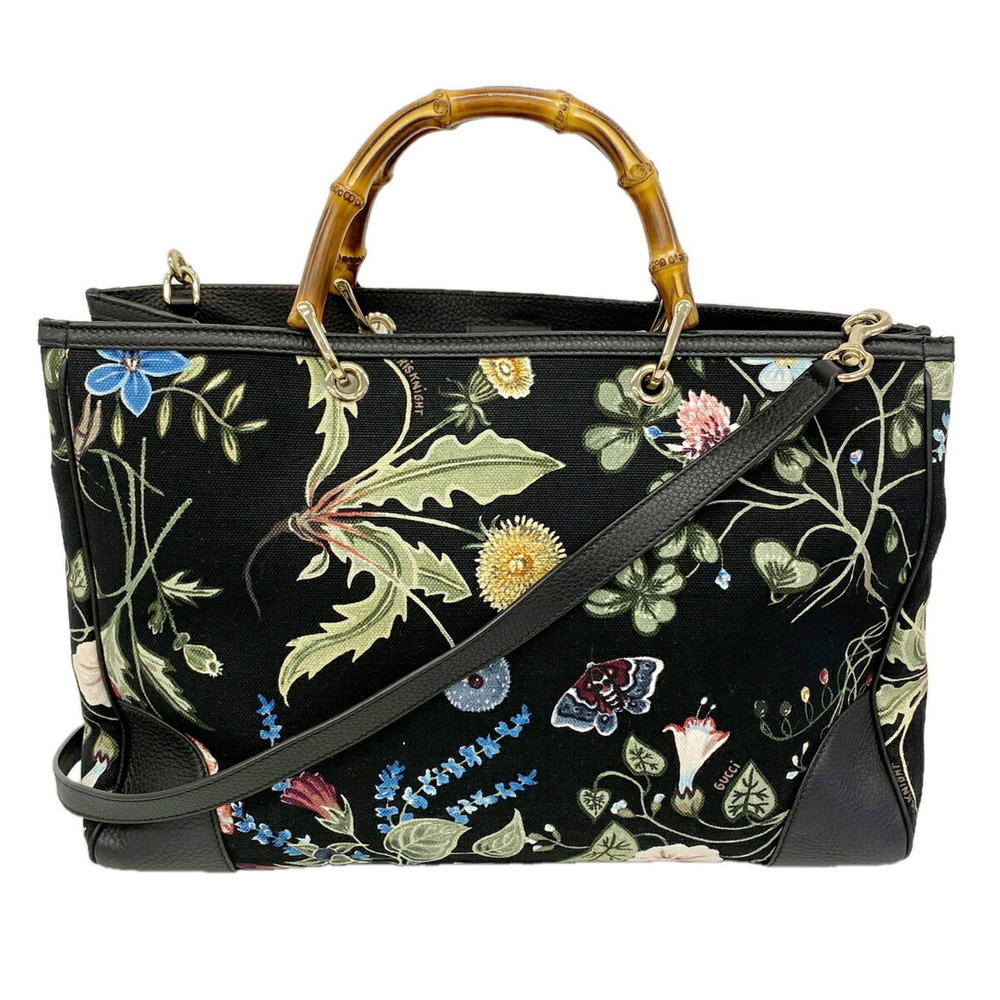 Gucci GG Blooms Bamboo Tote Bag 323658 Canvas Black Multicolor Champagne 2-wa...